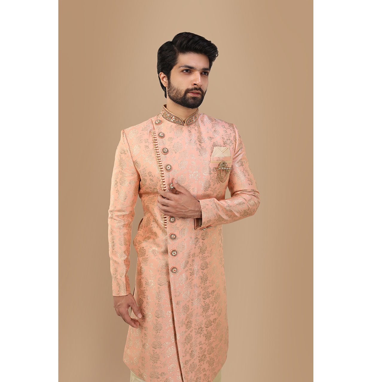 alt message - Manyavar Men Glamorous Pink Sherwani Suit image number 0